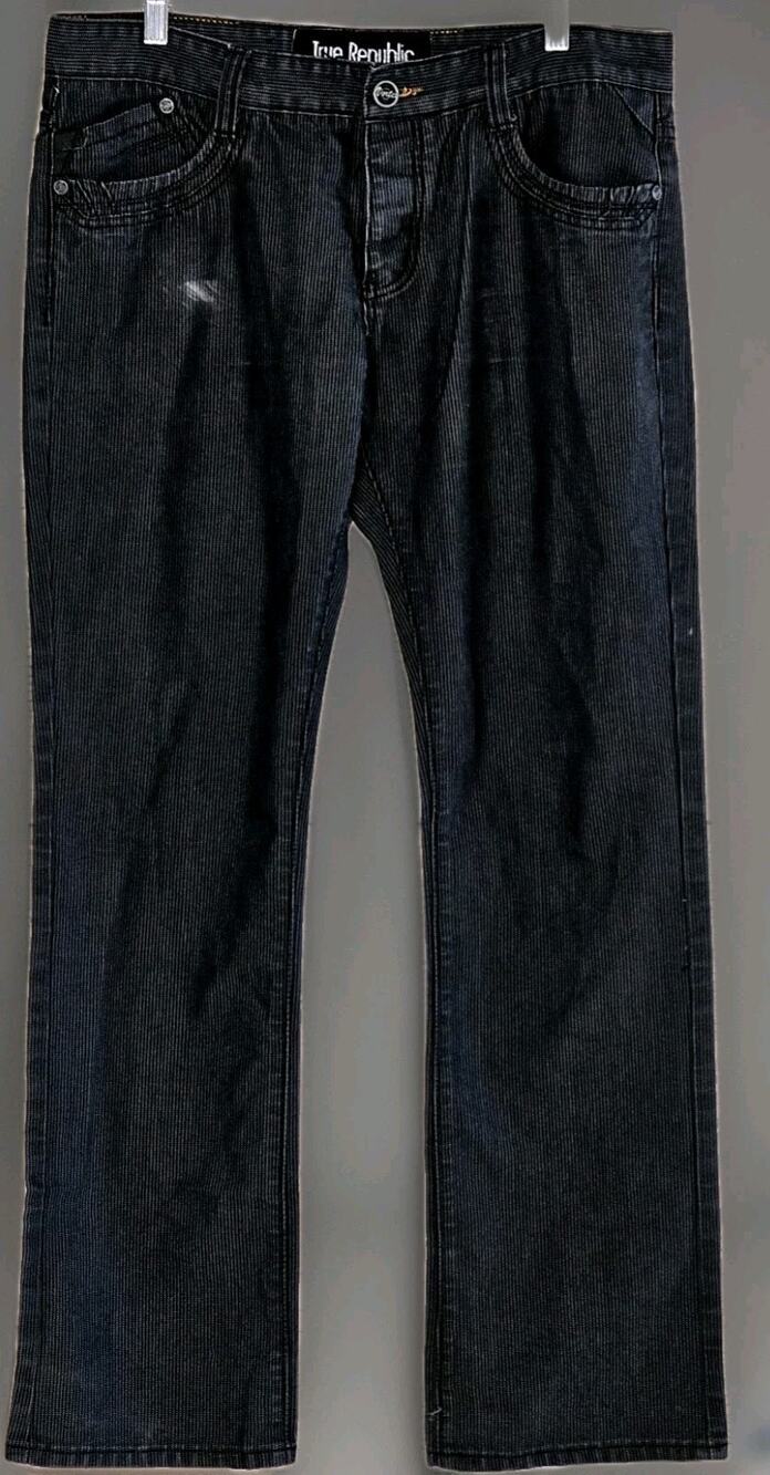True Republic Men's Vortex Jeans 36x34 Black Distressed Denim Button Fly Y2K 90s